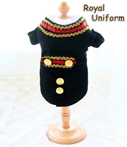 Black uniform with gold and red accents on a mannequin against a white background, labeled 'Royal Uniform'.