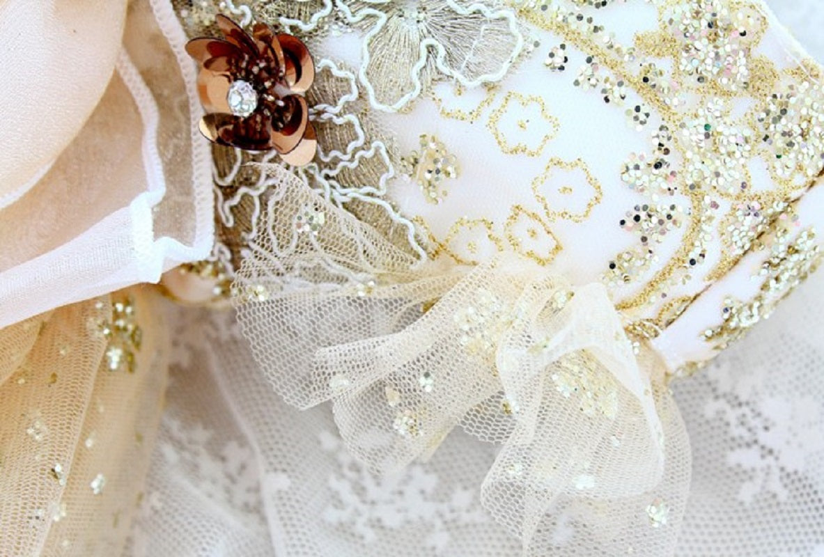 Close-up of a decorative item with lace, flowers, and ribbons on a white background