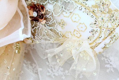 Close-up of a decorative item with lace, flowers, and ribbons on a white background