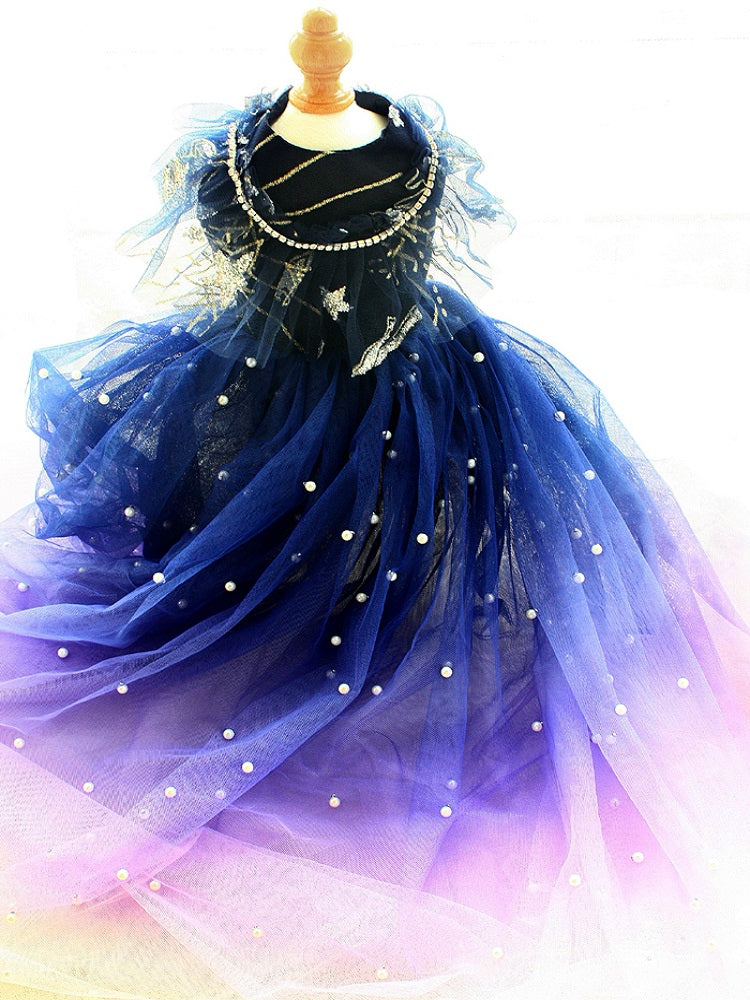 Blue and purple dress with star design on a mannequin against a white background