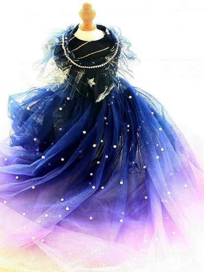 Blue and purple dress with star design on a mannequin against a white background
