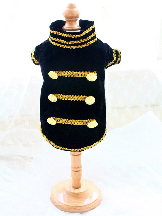 Black dog coat with gold buttons on a wooden mannequin against a white background