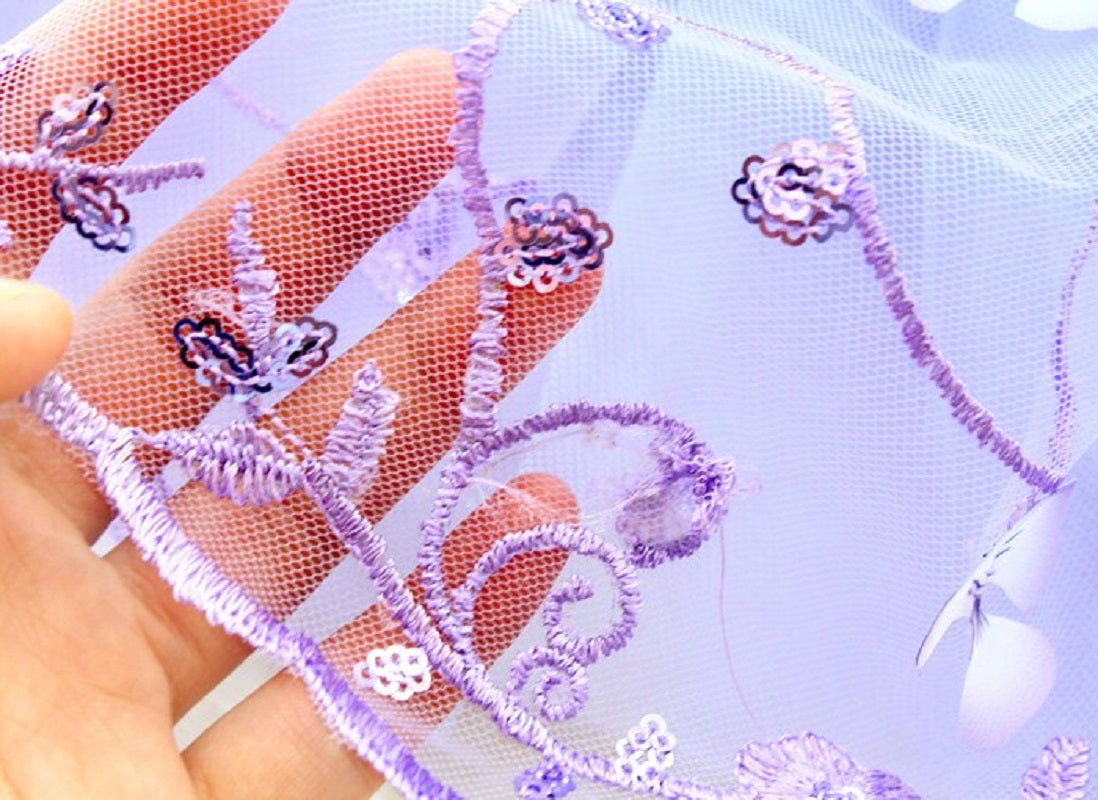 Close-up of embroidered lace fabric with floral patterns on a light blue background.