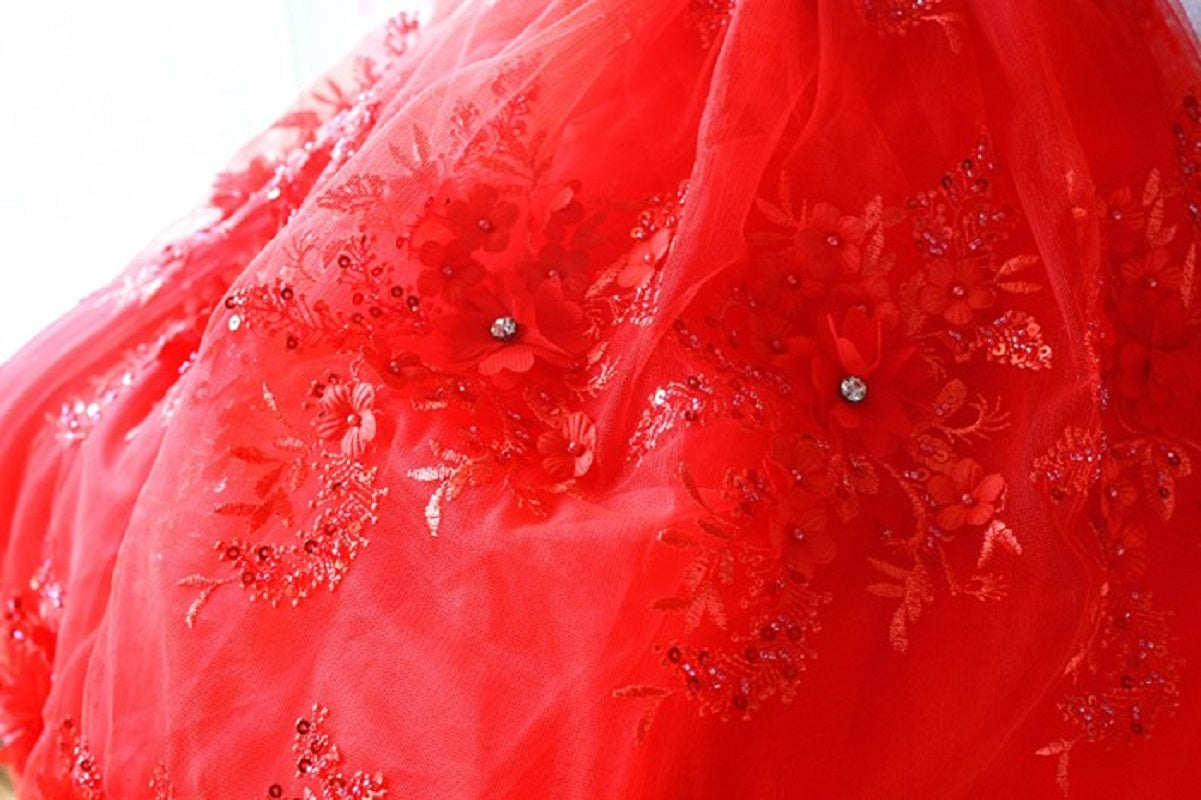 Close-up of a red fabric with floral embroidery and beads on a white background