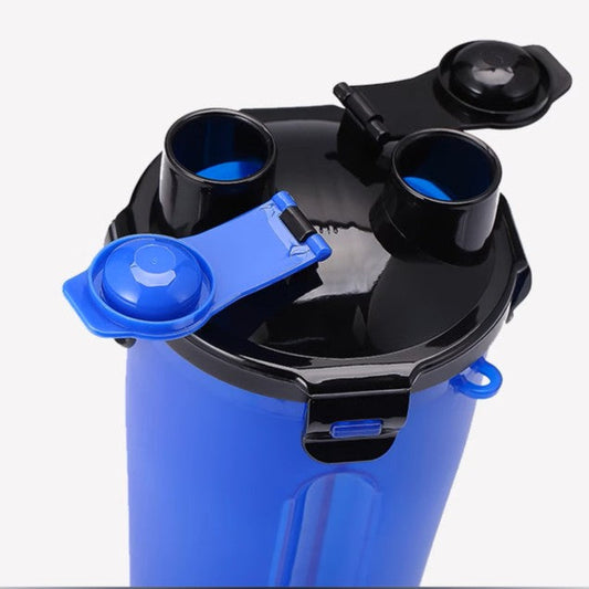 Blue and black cup holder with two cups on a white background