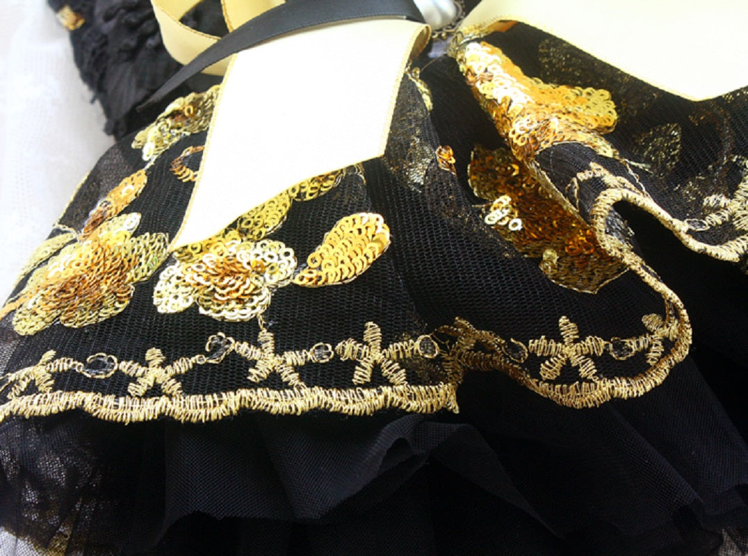 Black dress with gold embroidery and sequins on a white background