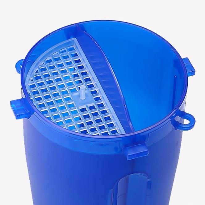 Blue plastic container with a grid-like interior on a white background