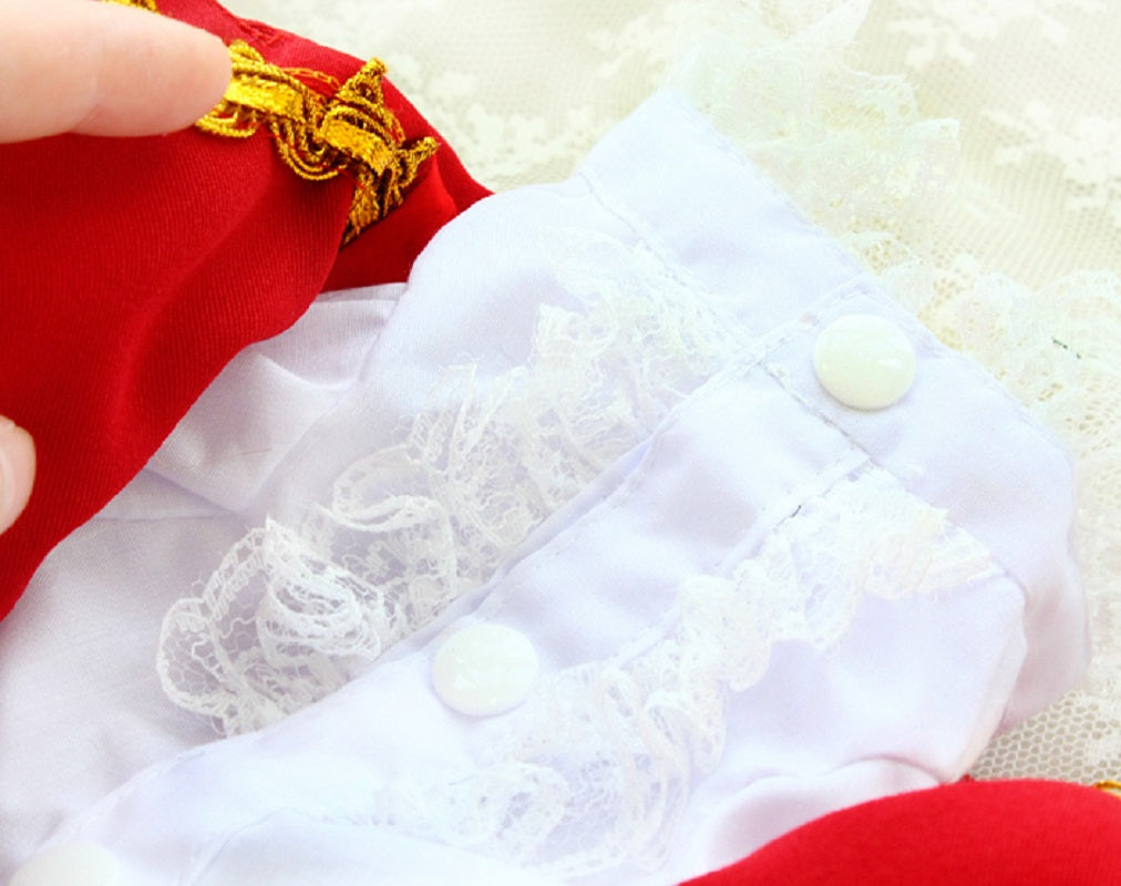 Close-up of red fabric with gold trim and white lace details.