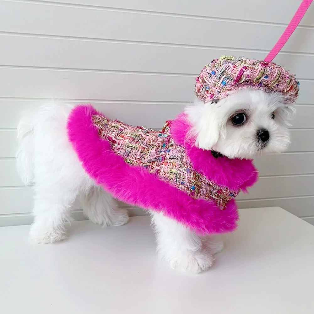 Dog cape+hat+leash sets hot pink tweed