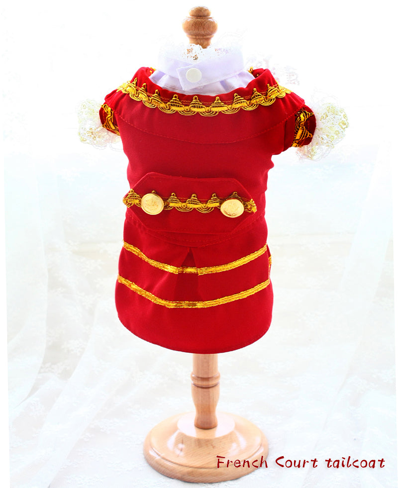 Red French Court tailcoat with gold accents on a wooden mannequin against a white background.