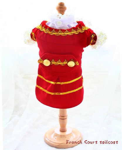 Red French Court tailcoat with gold accents on a wooden mannequin against a white background.