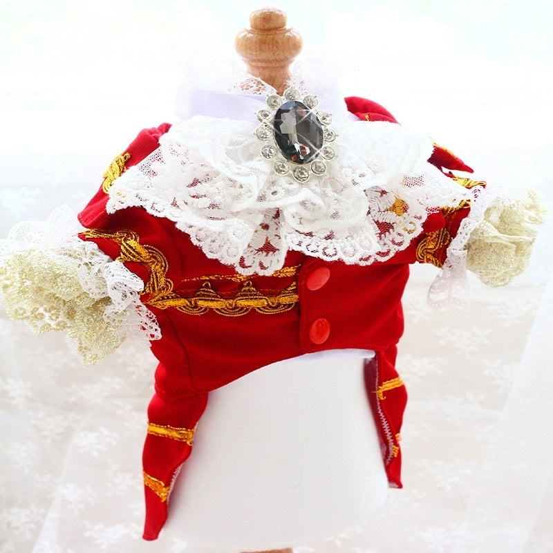 Red outfit with white lace and gold accents on a white background