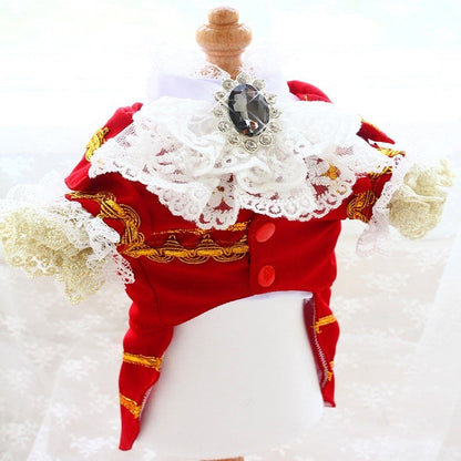 Red outfit with white lace and gold accents on a white background