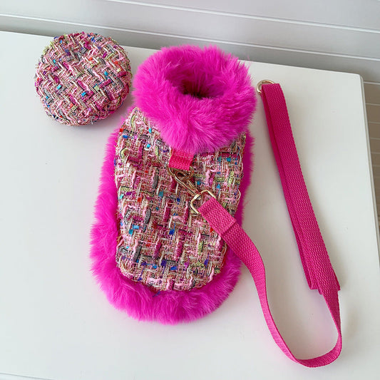 Dog cape+hat+leash sets hot pink tweed