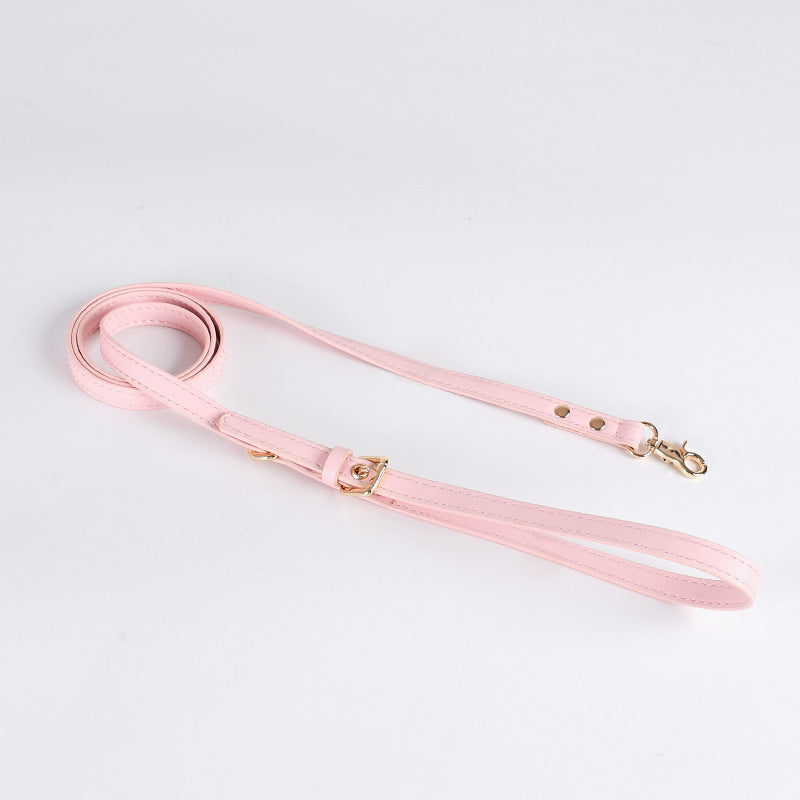 Pink dog leash with gold hardware on a light gray background