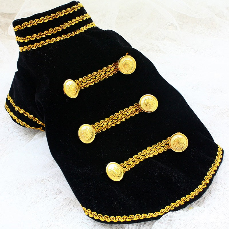 Black dog coat with gold buttons and trim on a white background