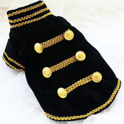Black dog coat with gold buttons and trim on a white background