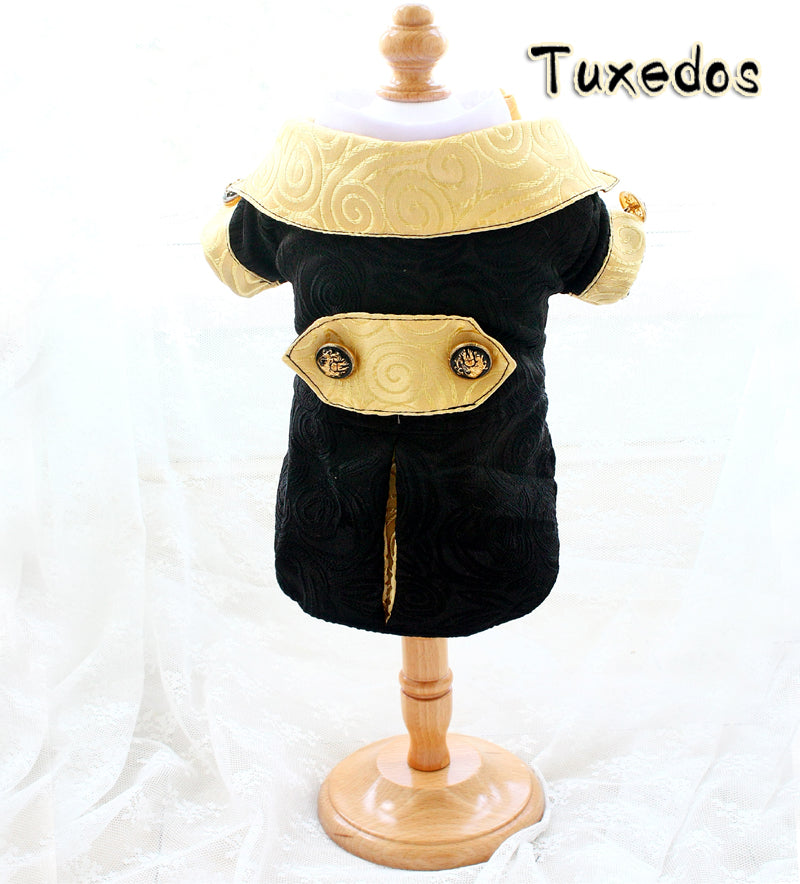 Black and gold tuxedo dress on a mannequin with 'Tuxedos' text above.