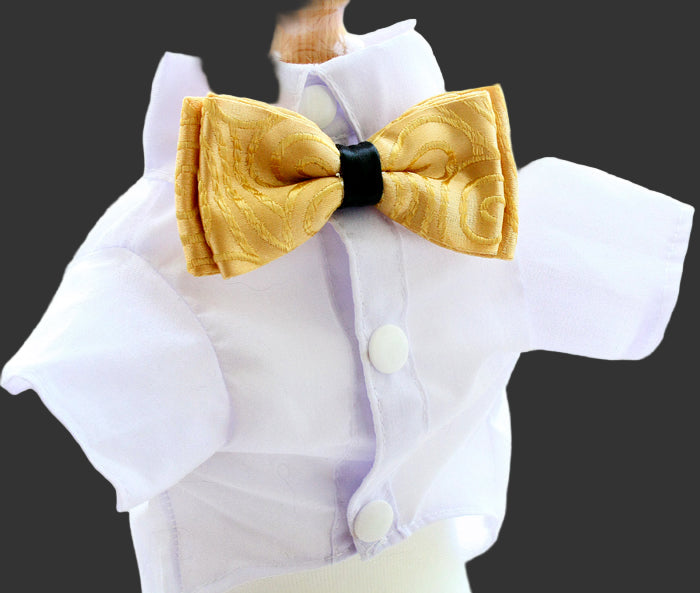 White shirt with a yellow bow tie on a white background