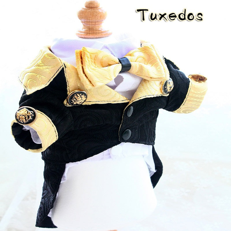 Black and gold tuxedo on a white background with 'Tuxedos' text.