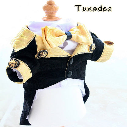 Black and gold tuxedo on a white background with 'Tuxedos' text.