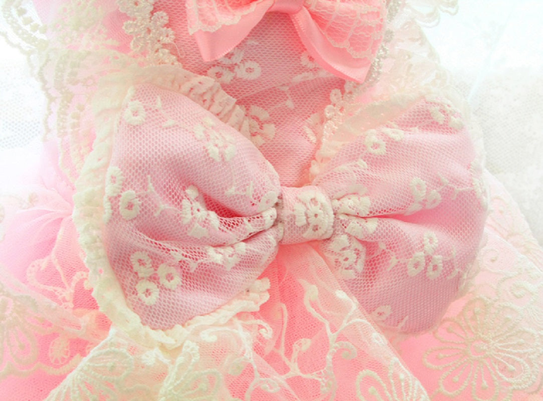 Pink and white lace bow with floral details on a soft pink background