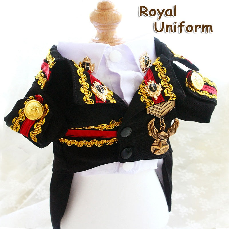 Royal uniform with gold accents and emblems on a white background