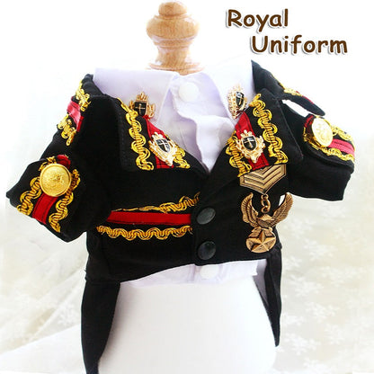 Royal uniform with gold accents and emblems on a white background