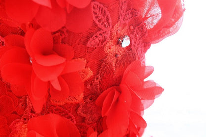 Close-up of red floral lace fabric on a white background