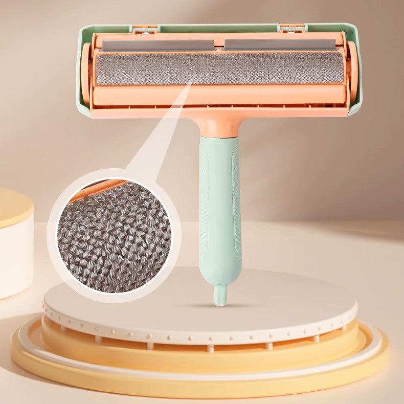 Pet hair removal tool with roller and collected hair on a beige background