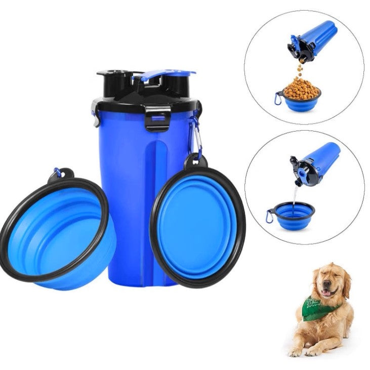 Blue pet travel water bottle and bowl set with a dog on a white background