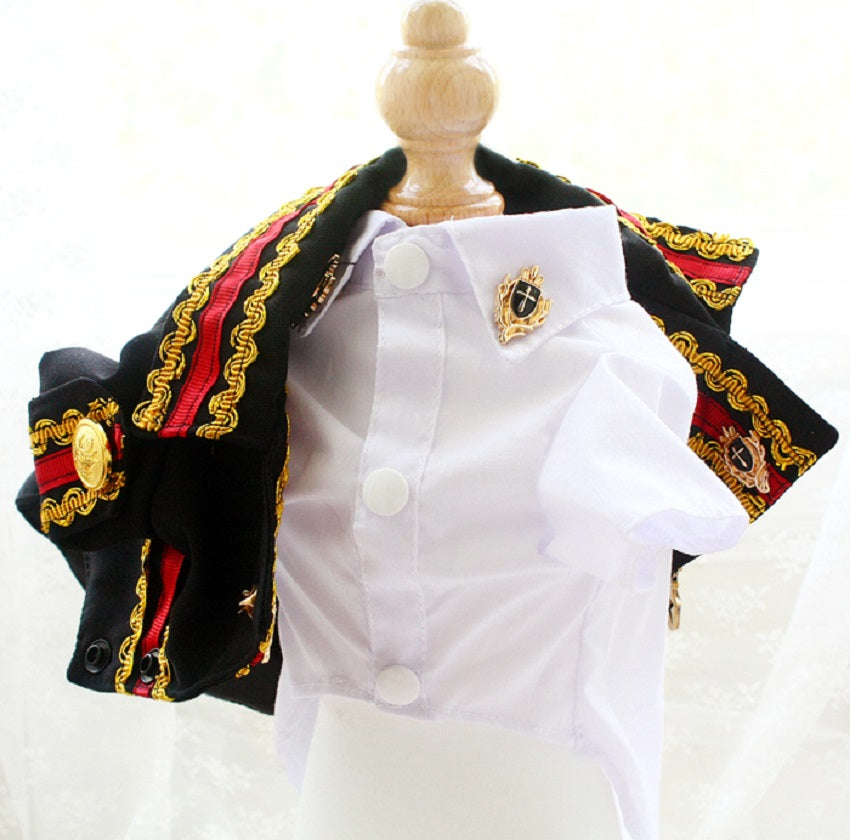 White shirt with black jacket featuring red and gold accents on a mannequin against a white background