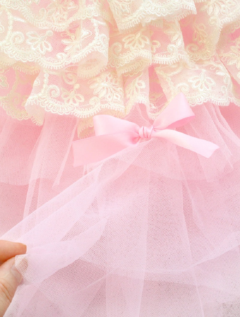 Close-up of pink tulle fabric with lace details