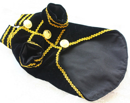 Black dog coat with gold trim and buttons on a white background