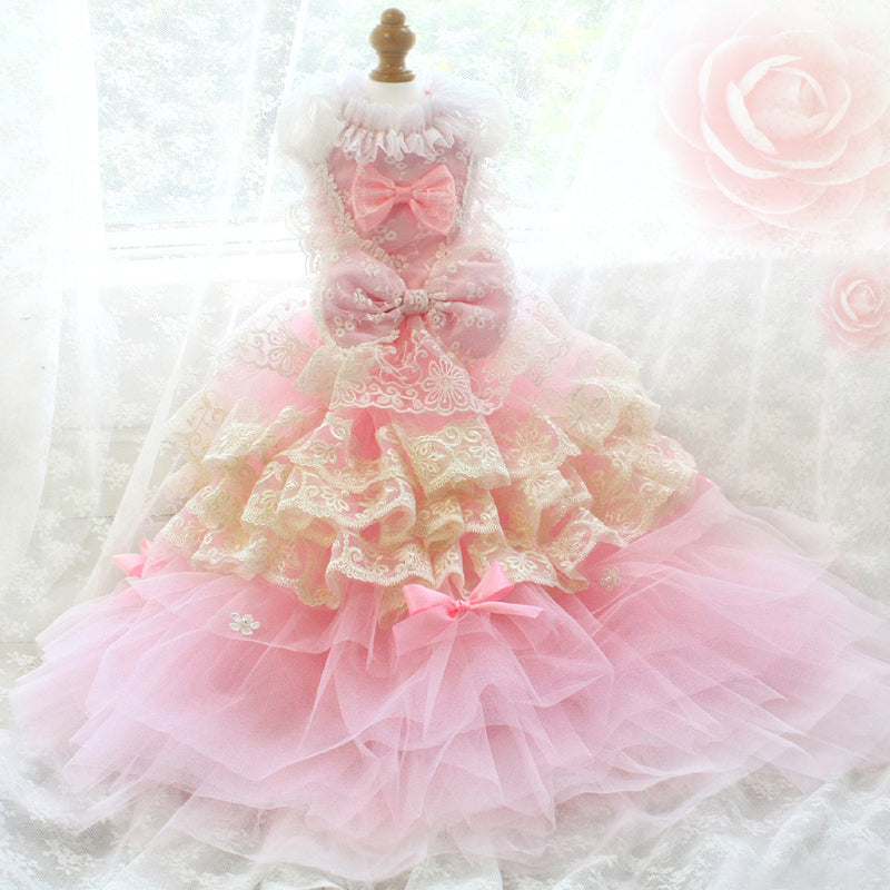Pink and white lace dress on a mannequin with a soft focus background