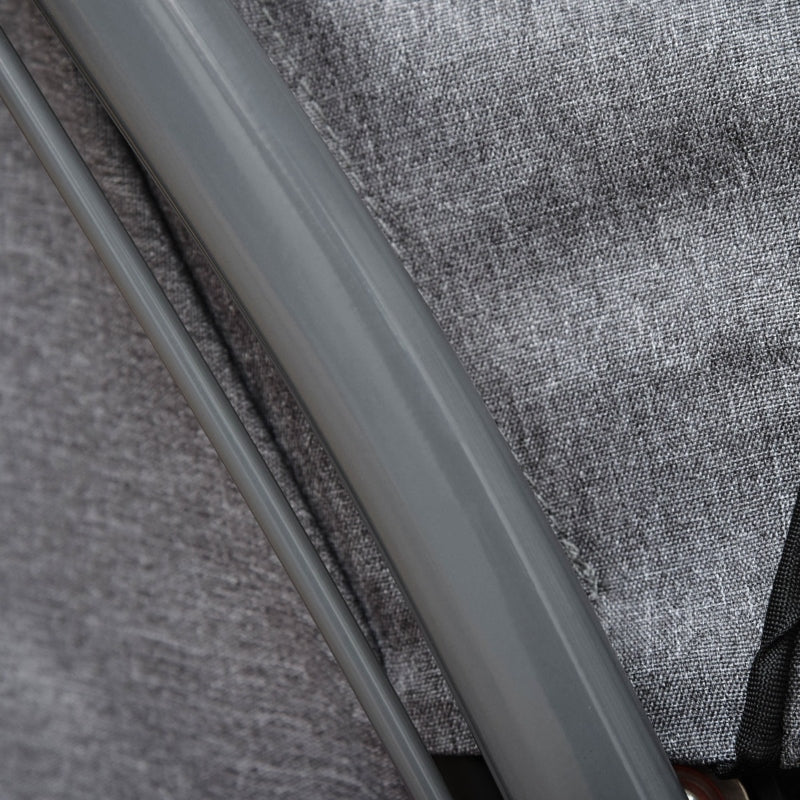 Close-up of a gray metal frame against a textured gray fabric background
