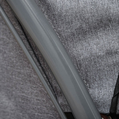 Close-up of a gray metal frame against a textured gray fabric background