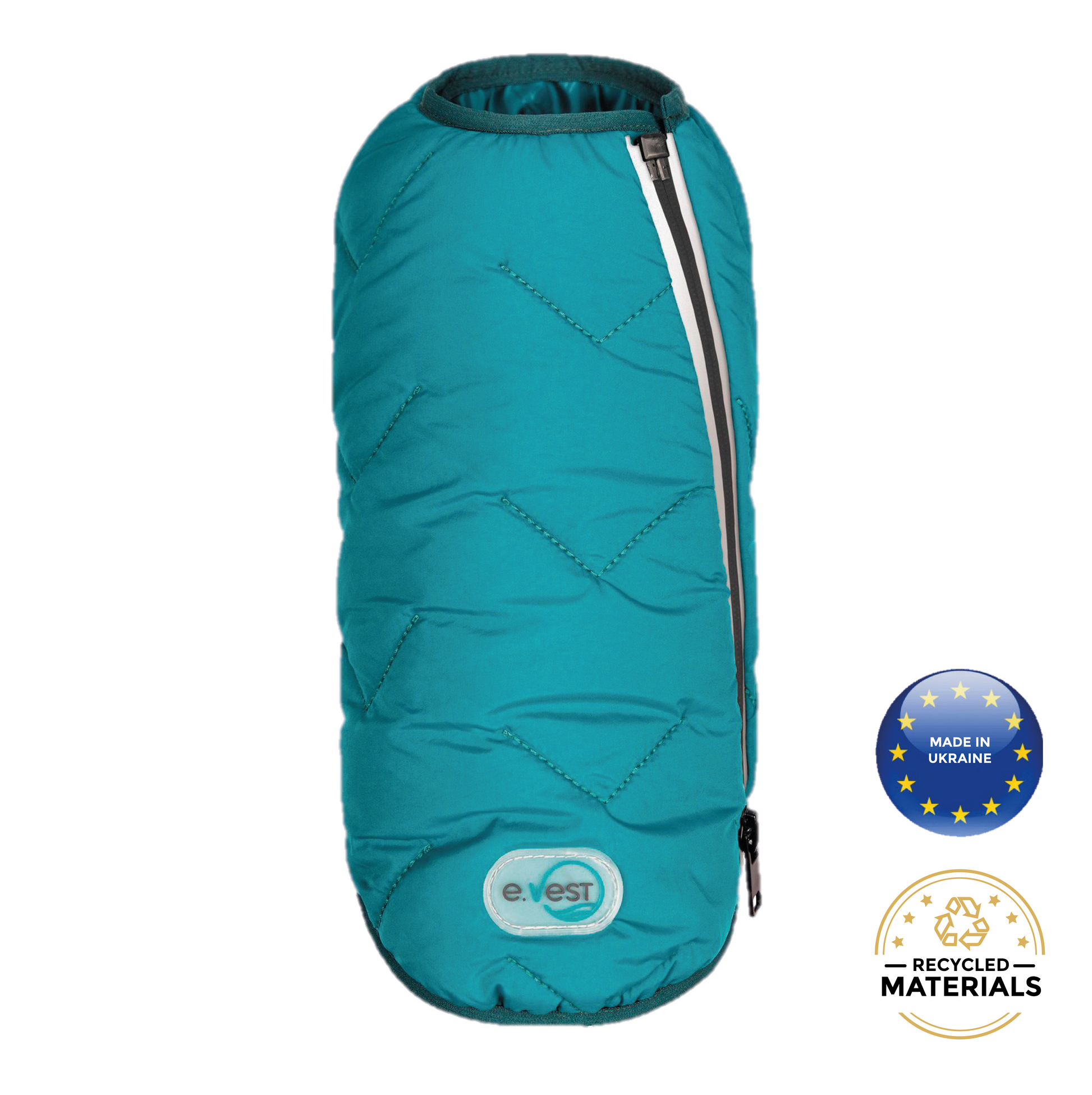 Teal sleeping bag with 'e-vest' branding and sustainability badges on a white background