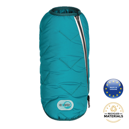 Teal sleeping bag with 'e-vest' branding and sustainability badges on a white background
