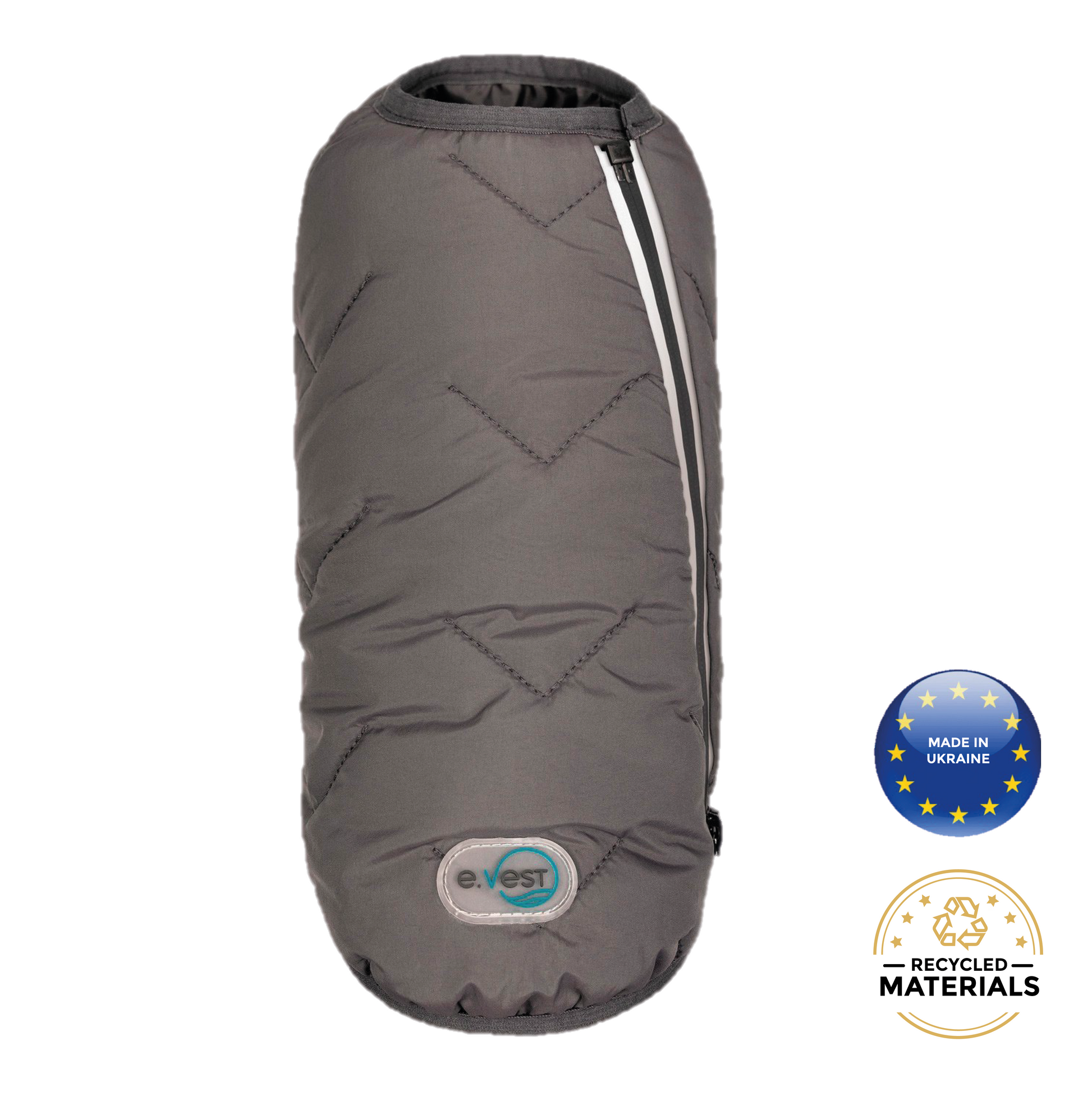 Gray insulated sleeping bag with a brand logo and recycled materials label on a white background