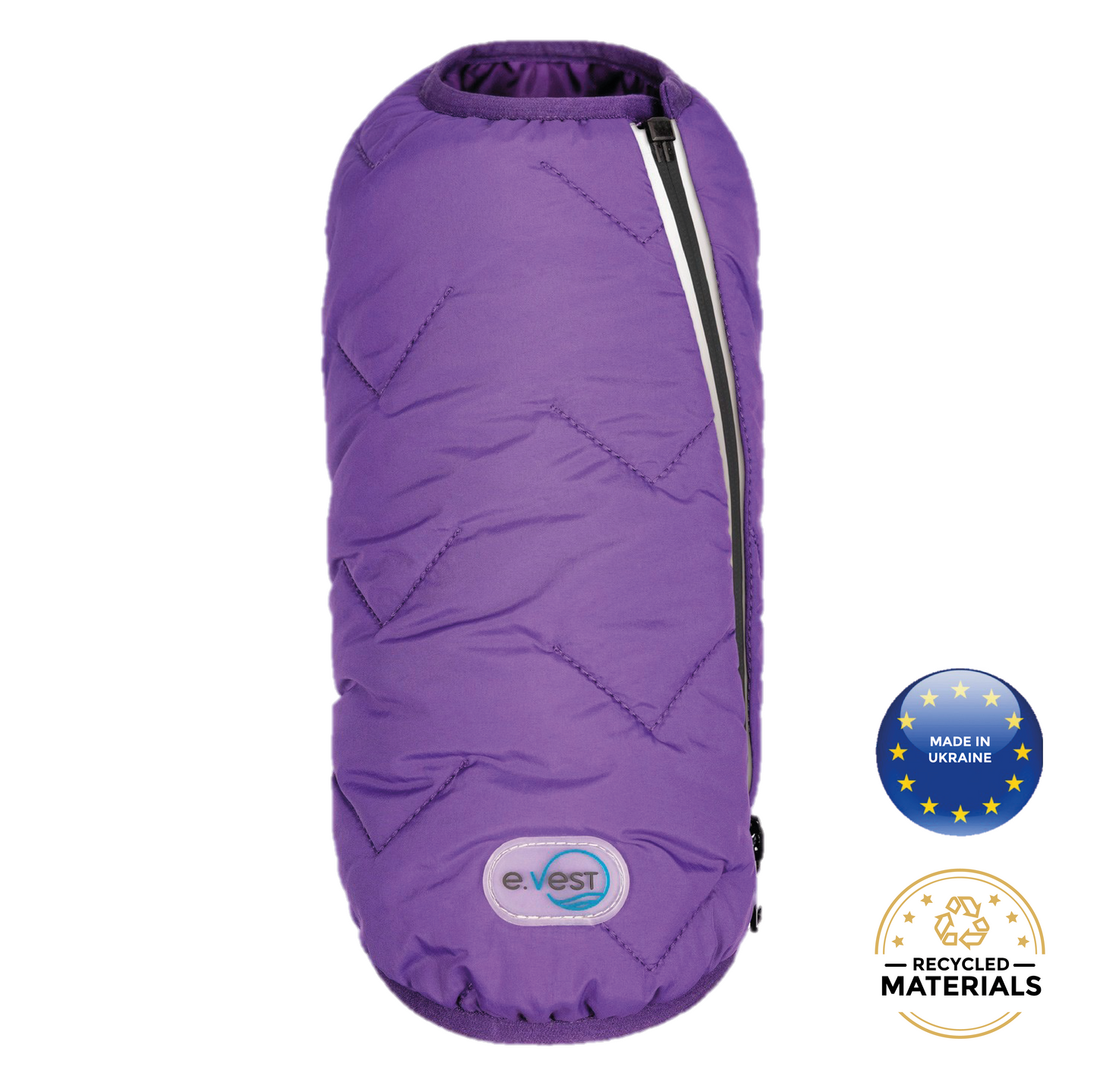 Purple sleeping bag with 'evest' branding and sustainability badges on a white background