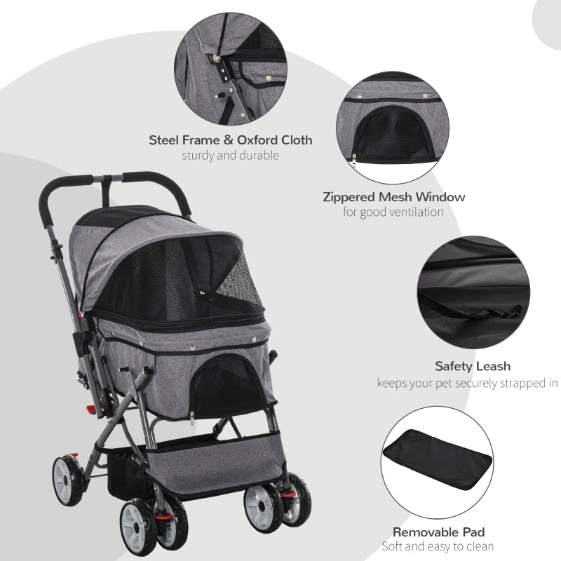Pet stroller with features highlighted on a white background