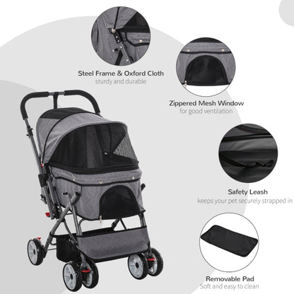 Pet stroller with features highlighted on a white background