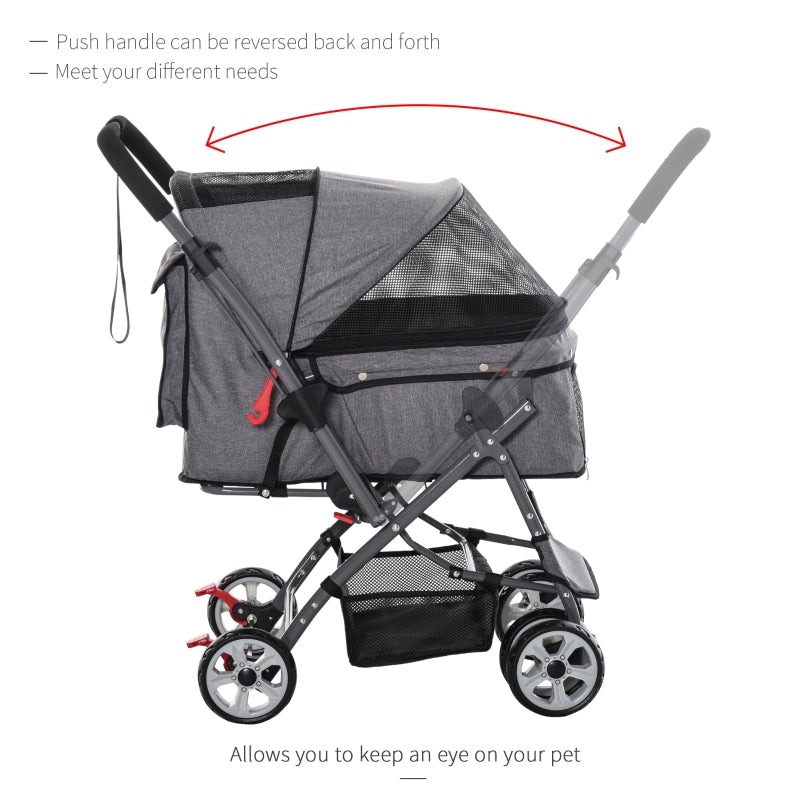 Pet stroller with adjustable handle on a white background