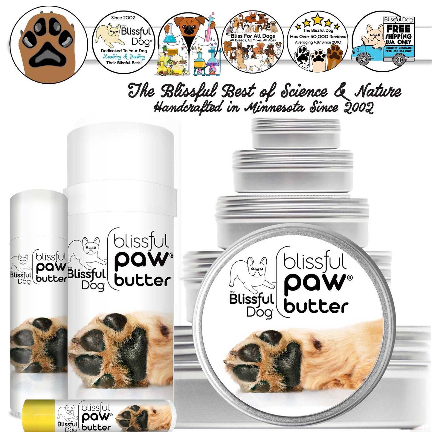 Blissful Paw Dog product set including balm, butter, and other items with branding on a white background.