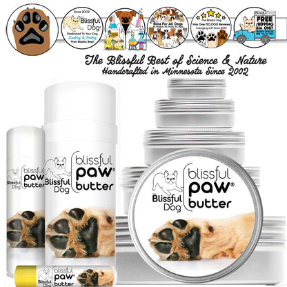 Blissful Paw Dog product set including balm, butter, and other items with branding on a white background.