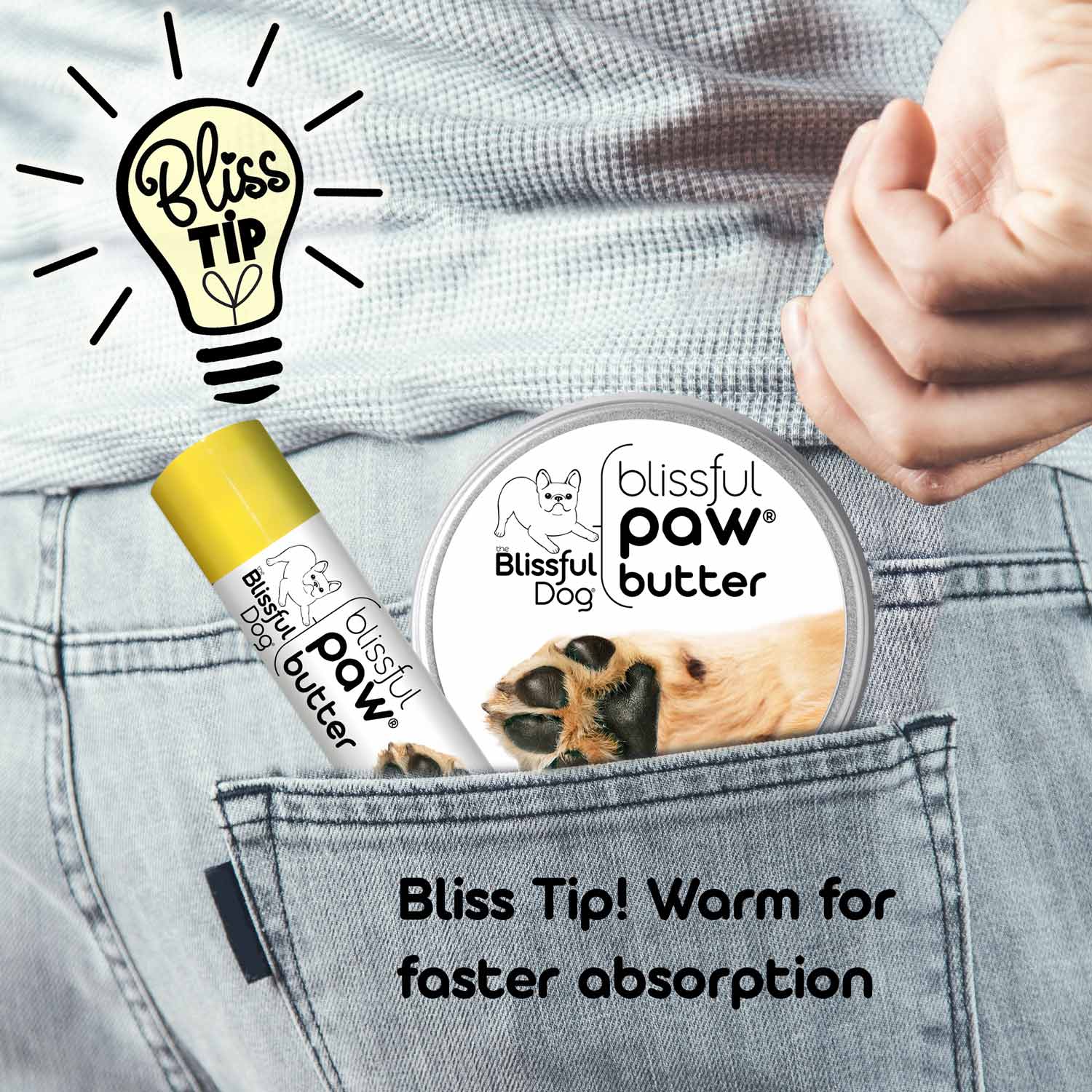 Blissful Paw Butter packaging with a stick and container in a pocket, featuring the brand logo and product description.