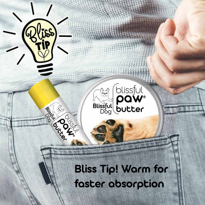Blissful Paw Butter packaging with a stick and container in a pocket, featuring the brand logo and product description.