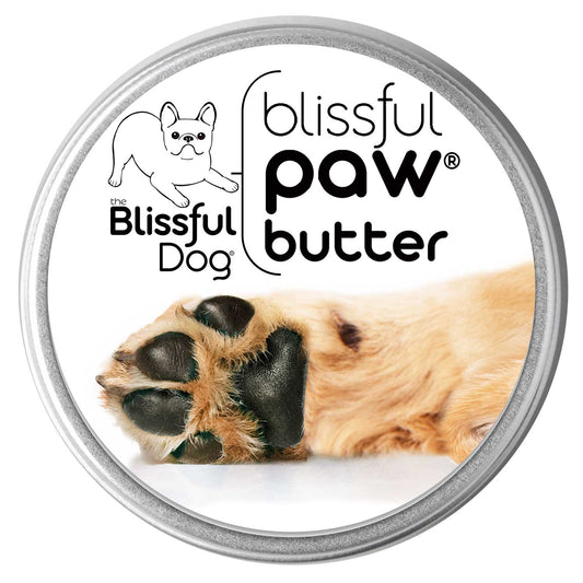 Container of Blissful Paw Butter with a dog's paw and brand logo.