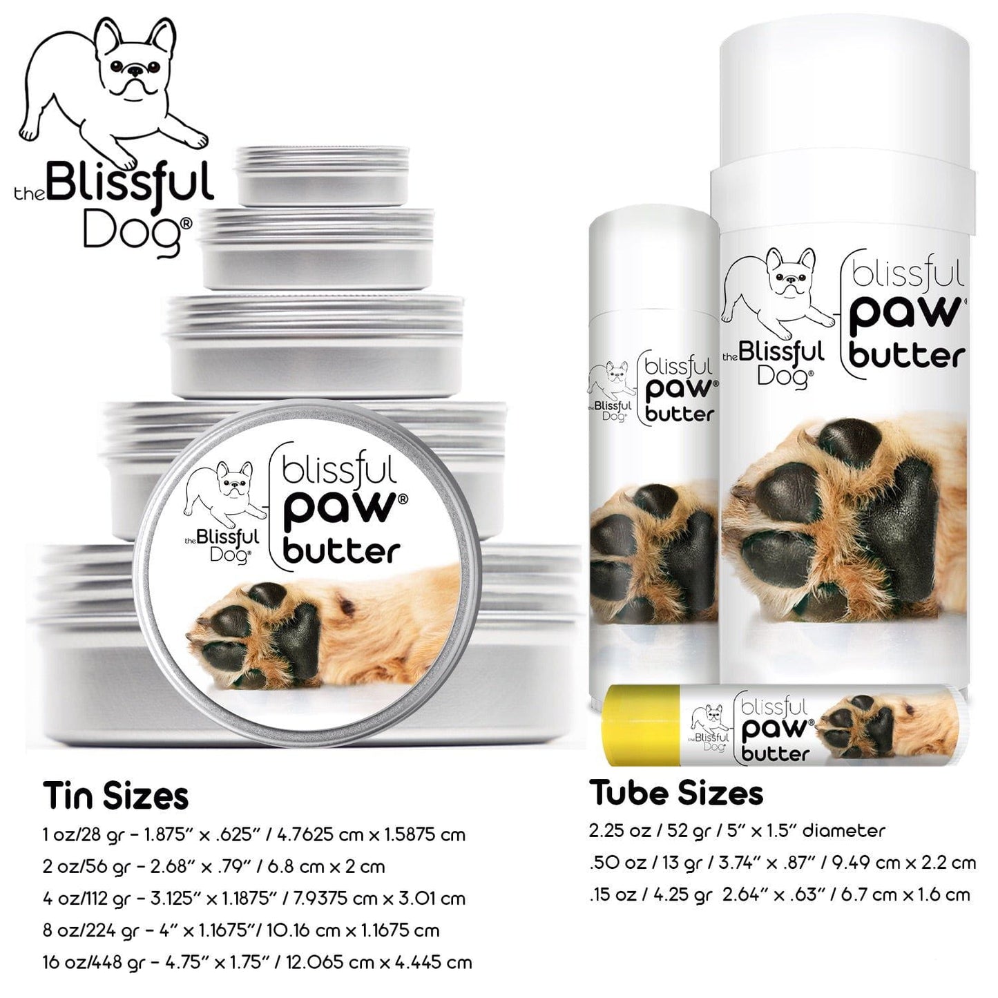 Blissful Dog paw butter packaging with tin and tube sizes displayed.